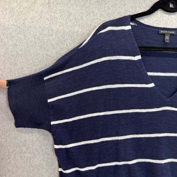 Eileen Fisher Womens Large Navy White Striped V-Neck Organic Linen Cotton Blouse - Picture 6 of 11